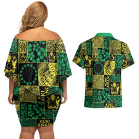 Cook Islands Mere Kiritimiti Couples Matching Off Shoulder Short Dress and Hawaiian Shirt Pacific Patchwork Xmas Vibes - Polynesian Pride