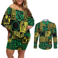 Cook Islands Mere Kiritimiti Couples Matching Off Shoulder Short Dress and Long Sleeve Button Shirt Pacific Patchwork Xmas Vibes - Polynesian Pride
