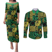 Cook Islands Mere Kiritimiti Couples Matching Puletasi and Long Sleeve Button Shirt Pacific Patchwork Xmas Vibes LT9 Green - Polynesian Pride