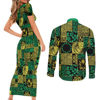 Cook Islands Mere Kiritimiti Couples Matching Short Sleeve Bodycon Dress and Long Sleeve Button Shirt Pacific Patchwork Xmas Vibes - Polynesian Pride