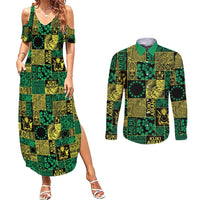 Cook Islands Mere Kiritimiti Couples Matching Summer Maxi Dress and Long Sleeve Button Shirt Pacific Patchwork Xmas Vibes LT9 Green - Polynesian Pride