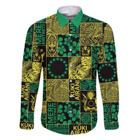 Cook Islands Mere Kiritimiti Family Matching Off The Shoulder Long Sleeve Dress and Hawaiian Shirt Pacific Patchwork Xmas Vibes LT9 Dad's Shirt - Long Sleeve Green - Polynesian Pride