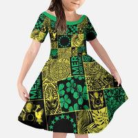 Cook Islands Mere Kiritimiti Family Matching Off Shoulder Short Dress and Hawaiian Shirt Pacific Patchwork Xmas Vibes - Polynesian Pride