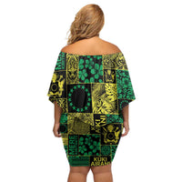 Cook Islands Mere Kiritimiti Family Matching Off Shoulder Short Dress and Hawaiian Shirt Pacific Patchwork Xmas Vibes - Polynesian Pride