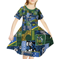 Solomon Islands Meri Kirihimete Kid Short Sleeve Dress Pacific Patchwork Xmas Vibes - Polynesian Pride