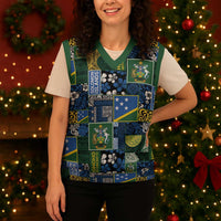 Solomon Islands Meri Kirihimete Christmas Knitted V-Neck Vest Pacific Patchwork Xmas Vibes - Polynesian Pride