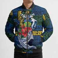 Solomon Islands Meri Kirihimete Bomber Puffer Jacket Funny Santa Riding Shark - Polynesian Pride