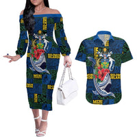 Solomon Islands Meri Kirihimete Couples Matching Off The Shoulder Long Sleeve Dress and Hawaiian Shirt Funny Santa Riding Shark LT9 Blue - Polynesian Pride
