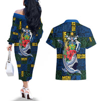 Solomon Islands Meri Kirihimete Couples Matching Off The Shoulder Long Sleeve Dress and Hawaiian Shirt Funny Santa Riding Shark LT9 - Polynesian Pride