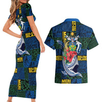 Solomon Islands Meri Kirihimete Couples Matching Short Sleeve Bodycon Dress and Hawaiian Shirt Funny Santa Riding Shark LT9 - Polynesian Pride