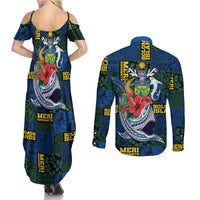 Solomon Islands Meri Kirihimete Couples Matching Summer Maxi Dress and Long Sleeve Button Shirt Funny Santa Riding Shark - Polynesian Pride