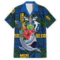 Solomon Islands Meri Kirihimete Family Matching Off Shoulder Maxi Dress and Hawaiian Shirt Funny Santa Riding Shark LT9 Dad's Shirt - Short Sleeve Blue - Polynesian Pride