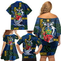 Solomon Islands Meri Kirihimete Family Matching Off Shoulder Short Dress and Hawaiian Shirt Funny Santa Riding Shark LT9 - Polynesian Pride