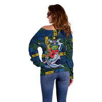 Solomon Islands Meri Kirihimete Off Shoulder Sweater Funny Santa Riding Shark - Polynesian Pride