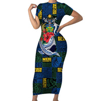 Solomon Islands Meri Kirihimete Short Sleeve Bodycon Dress Funny Santa Riding Shark - Polynesian Pride