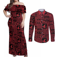 Black Tonga Kilisimasi Fiefia Couples Matching Off Shoulder Maxi Dress and Long Sleeve Button Shirt Pacific Patchwork Xmas Vibes - Polynesian Pride