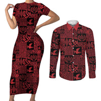 Black Tonga Kilisimasi Fiefia Couples Matching Short Sleeve Bodycon Dress and Long Sleeve Button Shirt Pacific Patchwork Xmas Vibes - Polynesian Pride