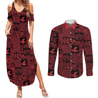 Black Tonga Kilisimasi Fiefia Couples Matching Summer Maxi Dress and Long Sleeve Button Shirt Pacific Patchwork Xmas Vibes - Polynesian Pride