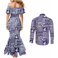 Blue Tonga Kilisimasi Fiefia Couples Matching Mermaid Dress and Long Sleeve Button Shirt Pacific Patchwork Xmas Vibes - Polynesian Pride