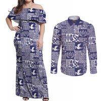 Blue Tonga Kilisimasi Fiefia Couples Matching Off Shoulder Maxi Dress and Long Sleeve Button Shirt Pacific Patchwork Xmas Vibes - Polynesian Pride
