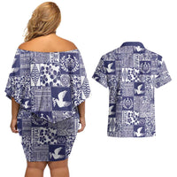 Blue Tonga Kilisimasi Fiefia Couples Matching Off Shoulder Short Dress and Hawaiian Shirt Pacific Patchwork Xmas Vibes - Polynesian Pride