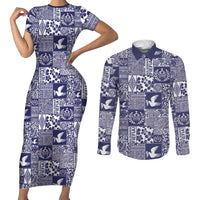 Blue Tonga Kilisimasi Fiefia Couples Matching Short Sleeve Bodycon Dress and Long Sleeve Button Shirt Pacific Patchwork Xmas Vibes - Polynesian Pride
