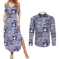 Blue Tonga Kilisimasi Fiefia Couples Matching Summer Maxi Dress and Long Sleeve Button Shirt Pacific Patchwork Xmas Vibes - Polynesian Pride