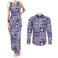Blue Tonga Kilisimasi Fiefia Couples Matching Tank Maxi Dress and Long Sleeve Button Shirt Pacific Patchwork Xmas Vibes - Polynesian Pride