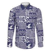 Blue Tonga Kilisimasi Fiefia Family Matching Off Shoulder Maxi Dress and Hawaiian Shirt Pacific Patchwork Xmas Vibes LT9 Dad's Shirt - Long Sleeve Blue - Polynesian Pride