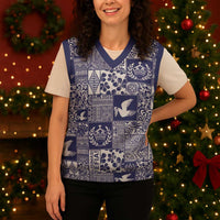 Blue Tonga Kilisimasi Fiefia Christmas Knitted V-Neck Vest Pacific Patchwork Xmas Vibes - Polynesian Pride