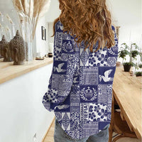Blue Tonga Kilisimasi Fiefia Women Casual Shirt Pacific Patchwork Xmas Vibes - Polynesian Pride
