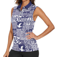 Blue Tonga Kilisimasi Fiefia Women Sleeveless Polo Shirt Pacific Patchwork Xmas Vibes - Polynesian Pride