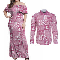 Pink Tonga Kilisimasi Fiefia Couples Matching Off Shoulder Maxi Dress and Long Sleeve Button Shirt Pacific Patchwork Xmas Vibes - Polynesian Pride