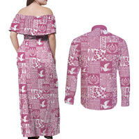 Pink Tonga Kilisimasi Fiefia Couples Matching Off Shoulder Maxi Dress and Long Sleeve Button Shirt Pacific Patchwork Xmas Vibes - Polynesian Pride