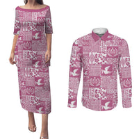 Pink Tonga Kilisimasi Fiefia Couples Matching Puletasi and Long Sleeve Button Shirt Pacific Patchwork Xmas Vibes - Polynesian Pride