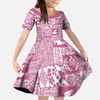Pink Tonga Kilisimasi Fiefia Family Matching Off The Shoulder Long Sleeve Dress and Hawaiian Shirt Pacific Patchwork Xmas Vibes LT9 Daughter's Dress Pink - Polynesian Pride