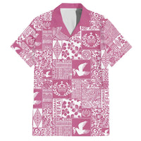 Pink Tonga Kilisimasi Fiefia Family Matching Off The Shoulder Long Sleeve Dress and Hawaiian Shirt Pacific Patchwork Xmas Vibes - Polynesian Pride