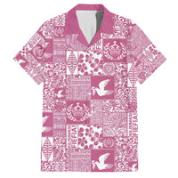 Pink Tonga Kilisimasi Fiefia Family Matching Off Shoulder Maxi Dress and Hawaiian Shirt Pacific Patchwork Xmas Vibes LT9 Dad's Shirt - Short Sleeve Pink - Polynesian Pride