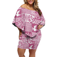 Pink Tonga Kilisimasi Fiefia Family Matching Off Shoulder Short Dress and Hawaiian Shirt Pacific Patchwork Xmas Vibes LT9 Mom's Dress Pink - Polynesian Pride