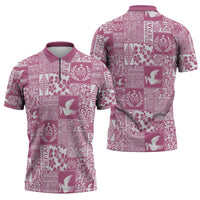 Pink Tonga Kilisimasi Fiefia Zipper Polo Shirt Pacific Patchwork Xmas Vibes - Polynesian Pride