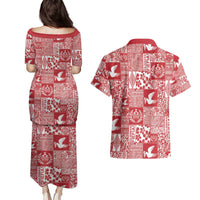 Red Tonga Kilisimasi Fiefia Couples Matching Puletasi and Hawaiian Shirt Pacific Patchwork Xmas Vibes - Polynesian Pride