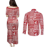 Red Tonga Kilisimasi Fiefia Couples Matching Puletasi and Long Sleeve Button Shirt Pacific Patchwork Xmas Vibes LT9 - Polynesian Pride