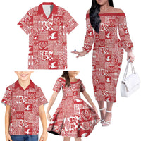 Red Tonga Kilisimasi Fiefia Family Matching Off The Shoulder Long Sleeve Dress and Hawaiian Shirt Pacific Patchwork Xmas Vibes - Polynesian Pride