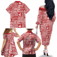 Red Tonga Kilisimasi Fiefia Family Matching Off The Shoulder Long Sleeve Dress and Hawaiian Shirt Pacific Patchwork Xmas Vibes - Polynesian Pride