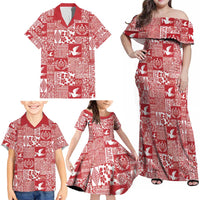 Red Tonga Kilisimasi Fiefia Family Matching Off Shoulder Maxi Dress and Hawaiian Shirt Pacific Patchwork Xmas Vibes LT9 - Polynesian Pride
