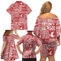 Red Tonga Kilisimasi Fiefia Family Matching Off Shoulder Short Dress and Hawaiian Shirt Pacific Patchwork Xmas Vibes - Polynesian Pride