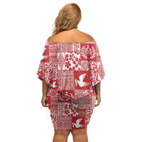 Red Tonga Kilisimasi Fiefia Family Matching Off Shoulder Short Dress and Hawaiian Shirt Pacific Patchwork Xmas Vibes LT9 - Polynesian Pride