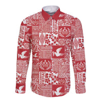 Red Tonga Kilisimasi Fiefia Long Sleeve Button Shirt Pacific Patchwork Xmas Vibes - Polynesian Pride