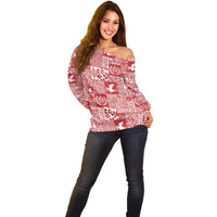 Red Tonga Kilisimasi Fiefia Off Shoulder Sweater Pacific Patchwork Xmas Vibes - Polynesian Pride