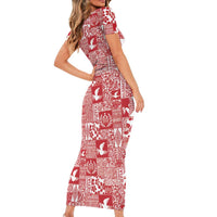 Red Tonga Kilisimasi Fiefia Short Sleeve Bodycon Dress Pacific Patchwork Xmas Vibes - Polynesian Pride